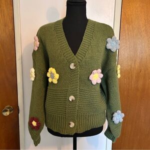 Charming Floral Button-Up Cardigan - Olive Green